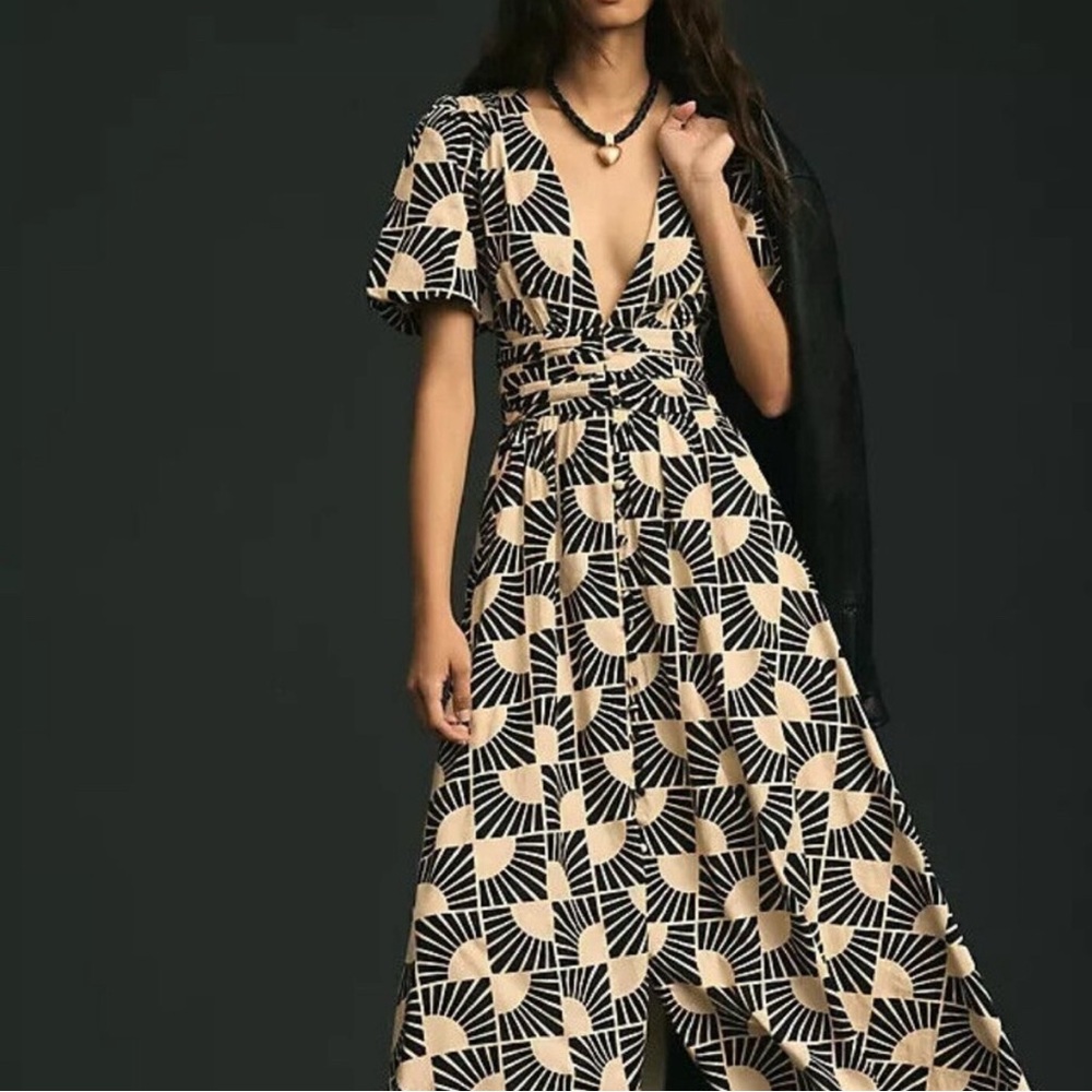 Anthropologie Katerina Button Front Black and Cream Patterned Dress MP
